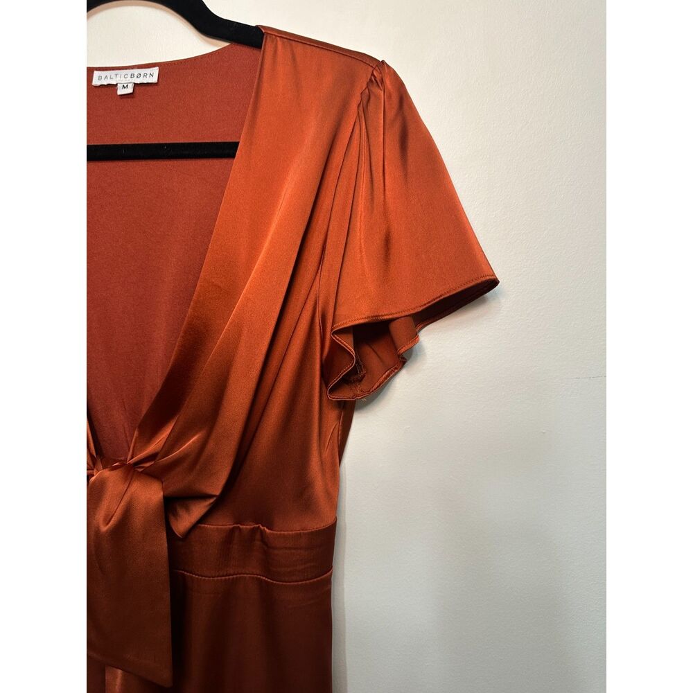 Baltic Born Rust Poppy Satin Midi Dress M Tie Front Flutter Sleeve Evening - Picture 3 of 12